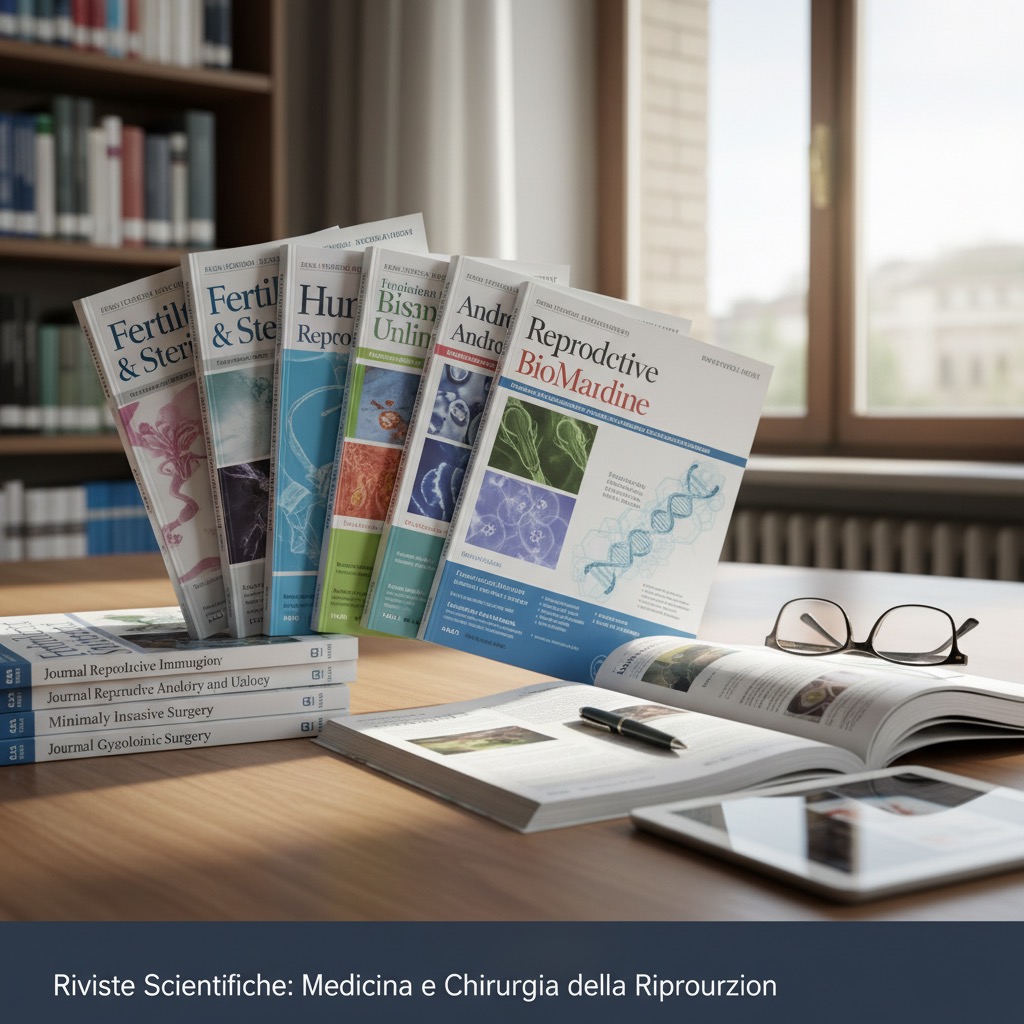 Un mucchio di riviste scientifiche e libri di medicina disposti a ventaglio su una scrivania di legno, accanto a un paio di occhiali e a un libro aperto.